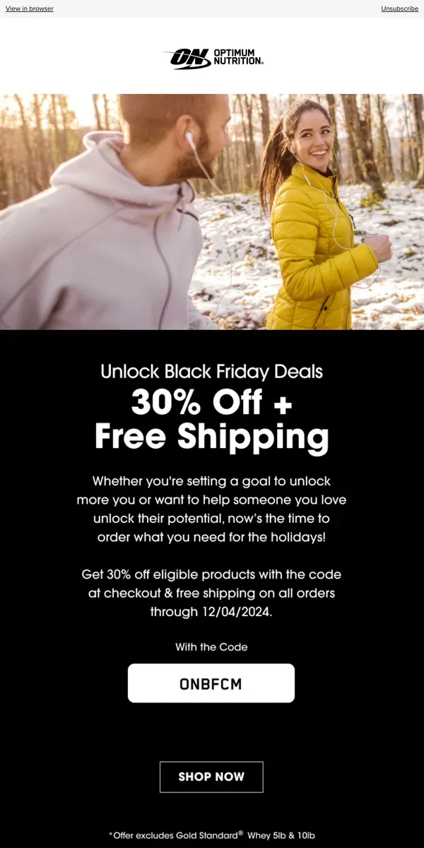 Email from Optimum Nutrition. Unlock Black Friday Deals