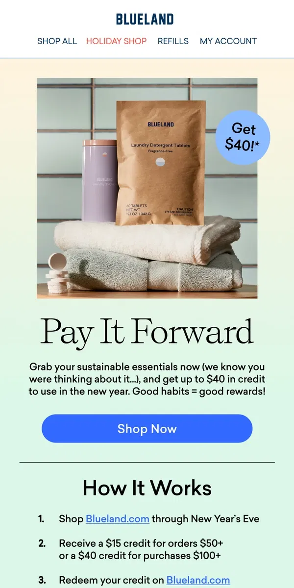 Email from Blueland. It pays to shop sustainably