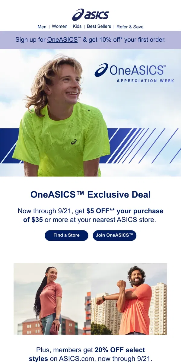 Email from ASICS. LIMITED TIME: Get $5 OFF in-store with OneASICS™