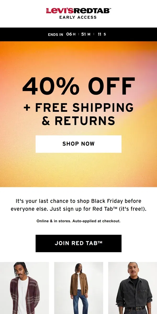 Email from Levi's. Hours left for early access: 40% OFF + FREE SHIPPING