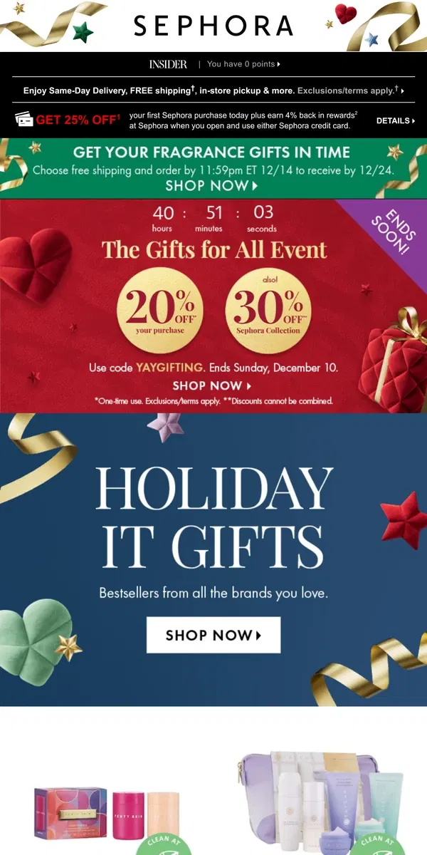 Email from Sephora. Don’t miss out: Get 20% off* your purchase and 30% off** all Sephora Collection