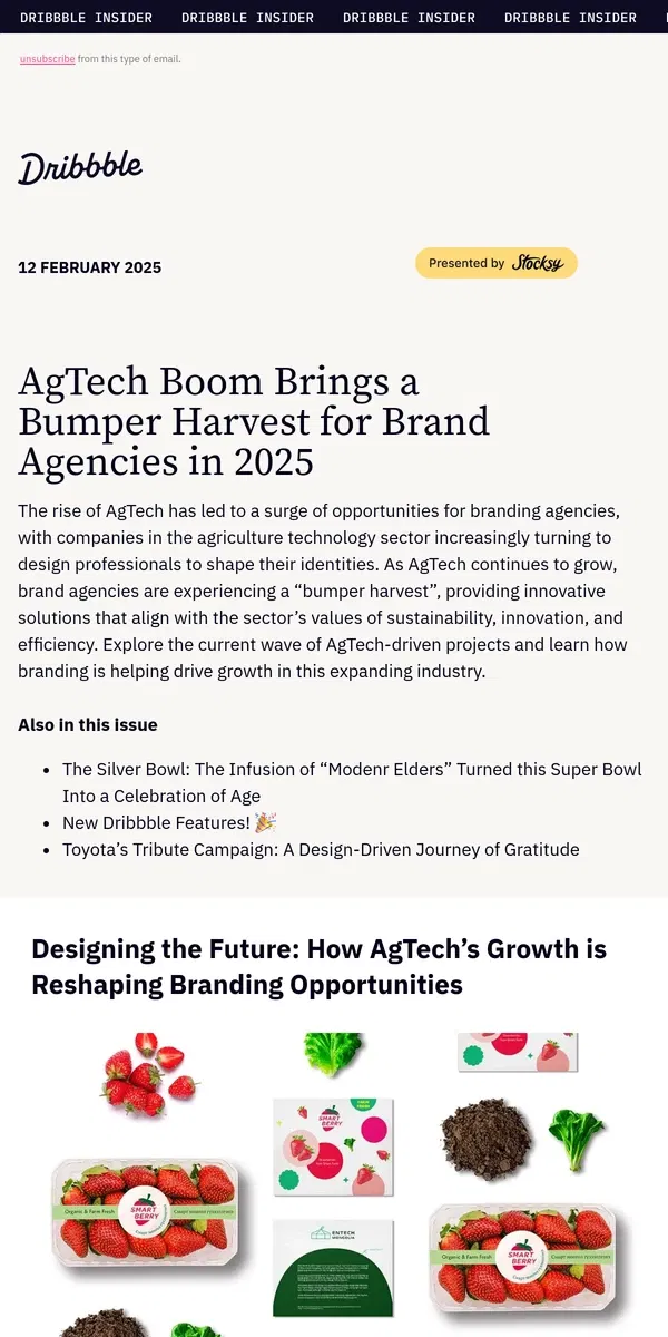 Email from Dribbble. 🚜 🌾 Branding the Future of AgTech: How Agencies Are Reaping the Rewards!