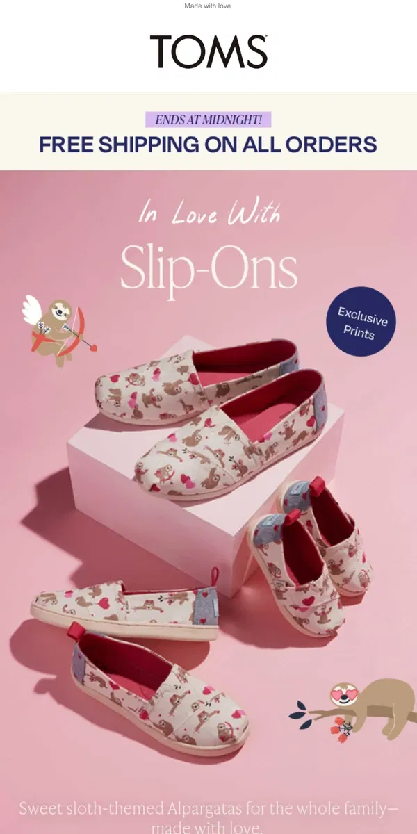 Email from TOMS. 🦥 ❤️ Sweet Sloth Print Alpargatas + FREE SHIPPING