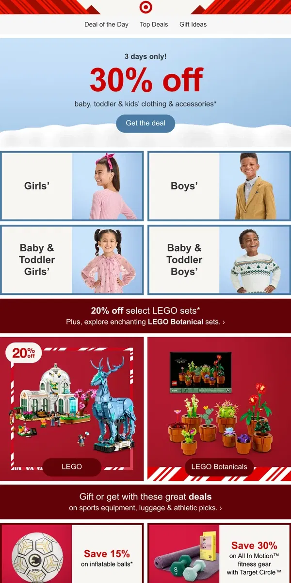 Email from Target. Save 30% on clothing & accessories for kids 🚨