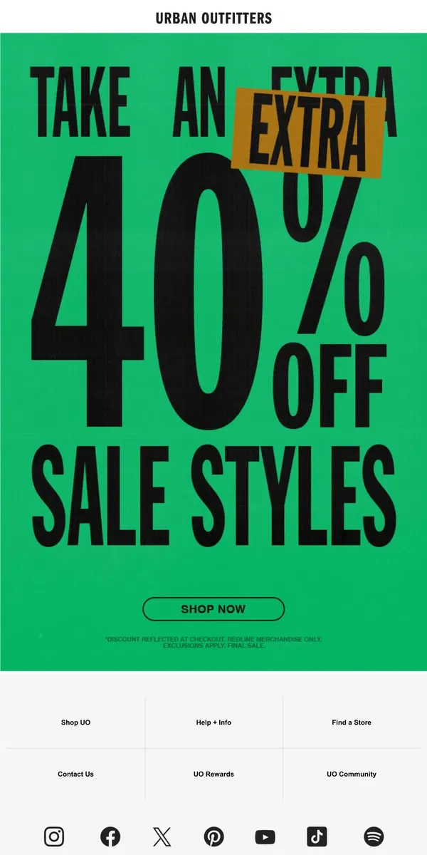 Email from Urban Outfitters. EXTRA 40% OFF sale styles ❗