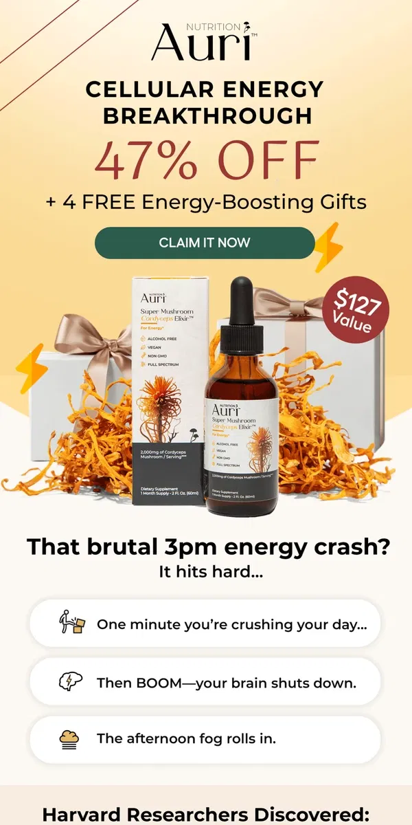 Email from Auri Nutrition. Harvard: Your energy cells die at 3pm