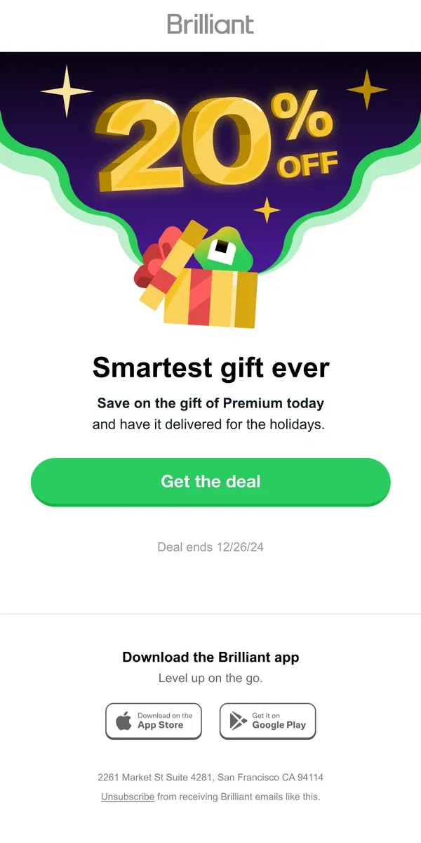 Email from Brilliant. 🎁 [Name], save 20% on the gift of Premium