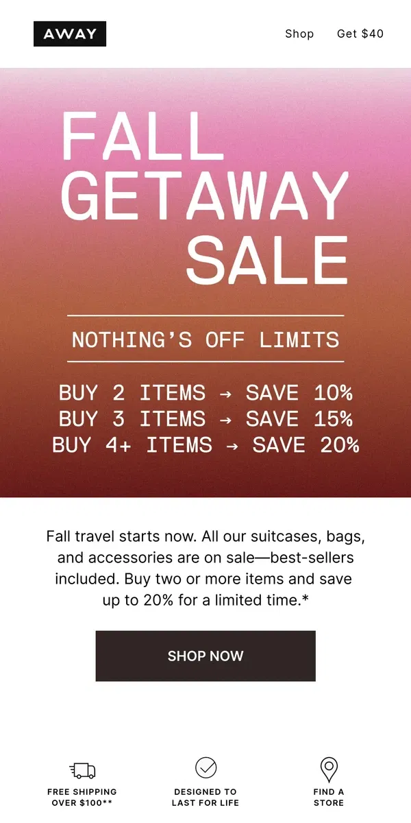 Email from Away. The Fall Getaway Sale is on now