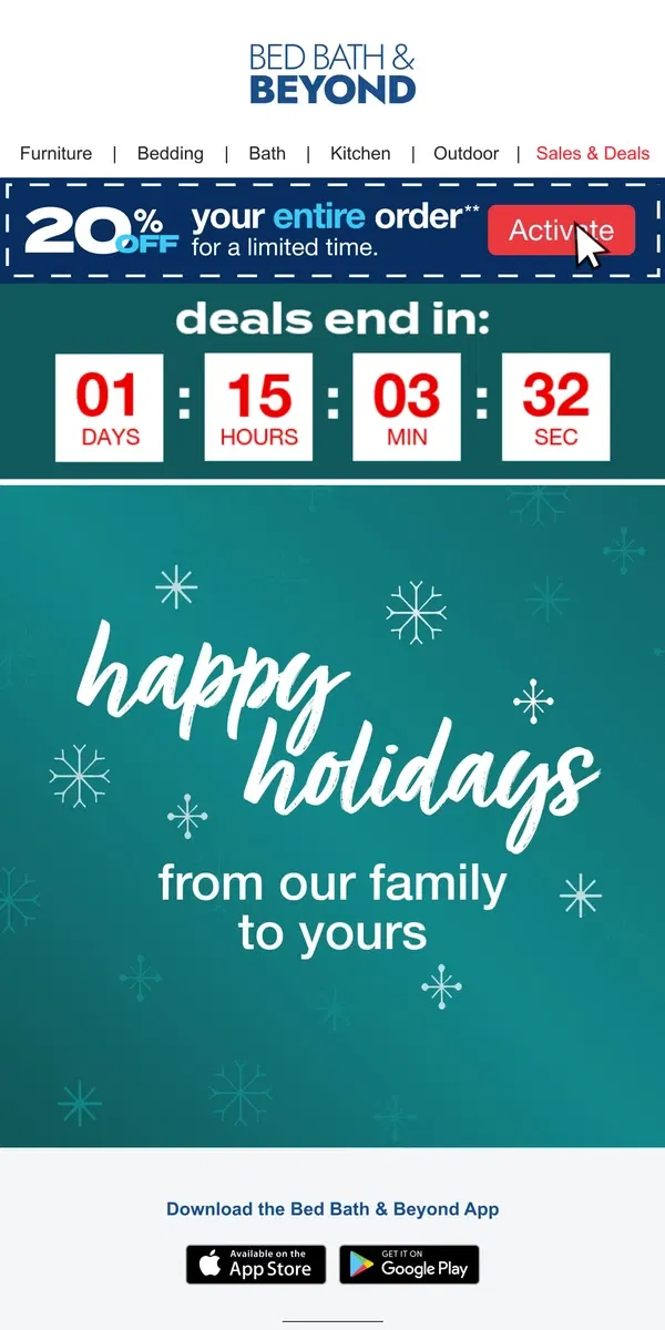 Email from Bed Bath & Beyond. Wishing You the Happiest of Holidays 🎄