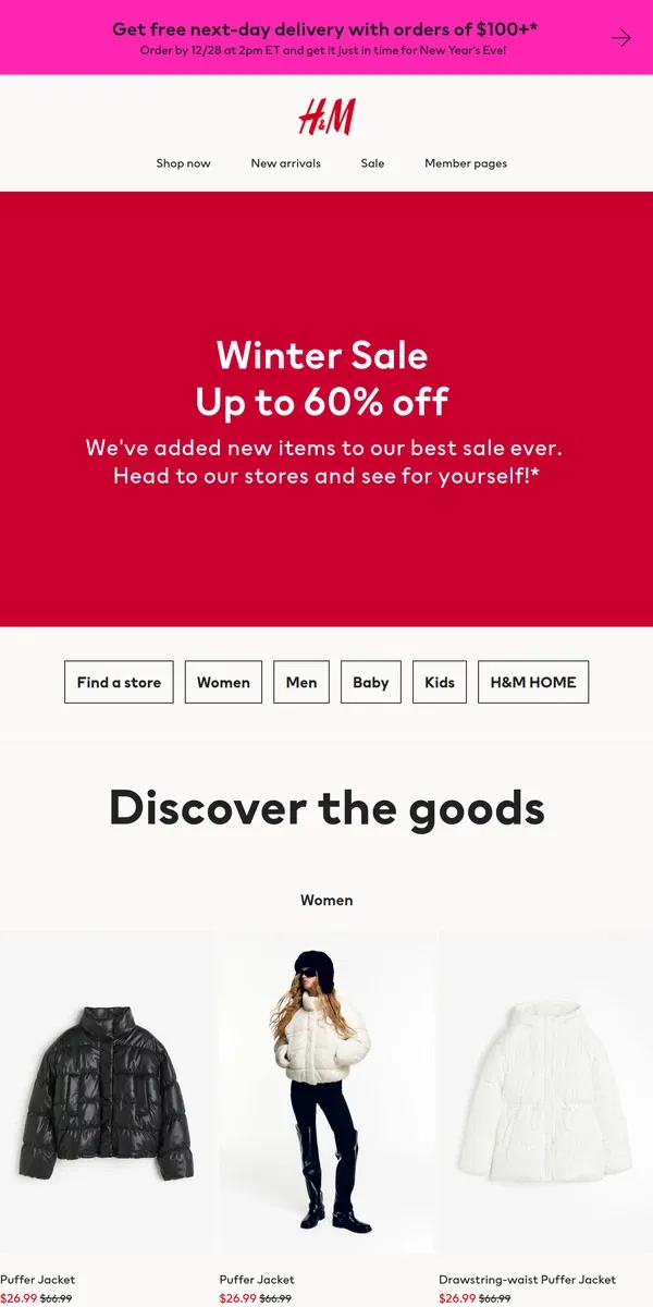 Email from H&M. Winter Sale: new styles added in-store