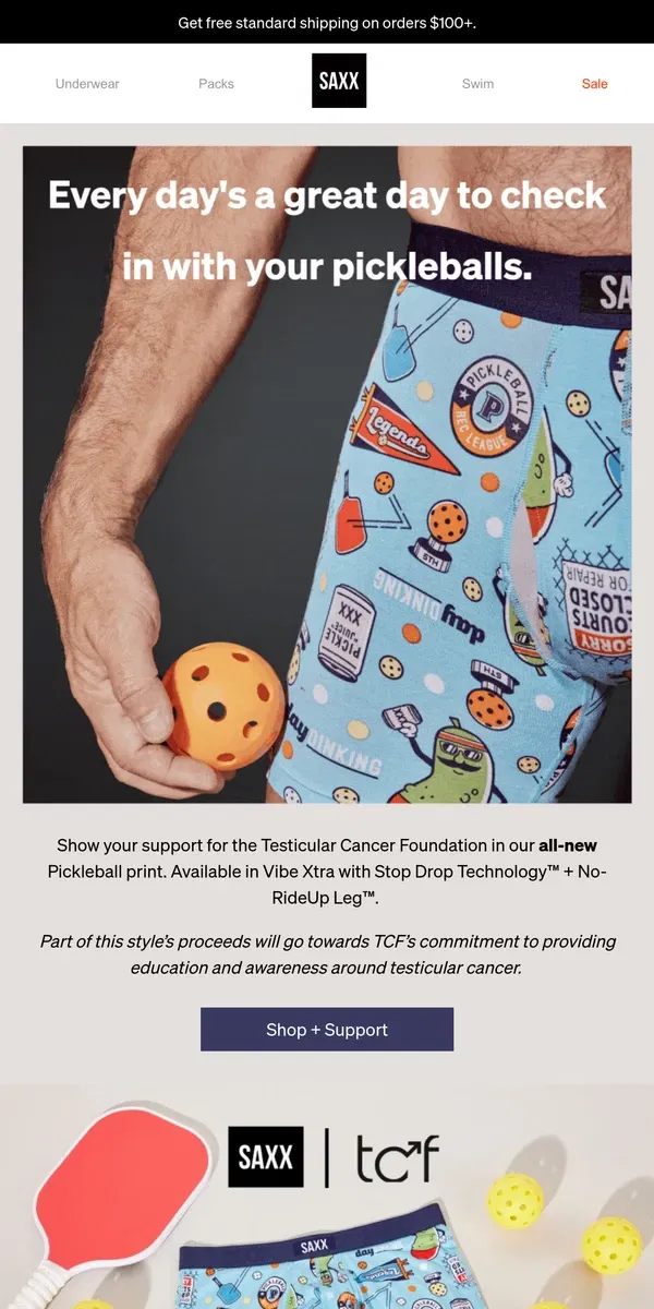 Email from SAXX Underwear. Shop + support the Testicular Cancer Foundation