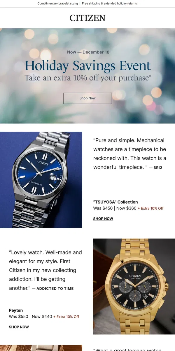 Email from Citizen Watch. Our Holiday Savings Event is Here!