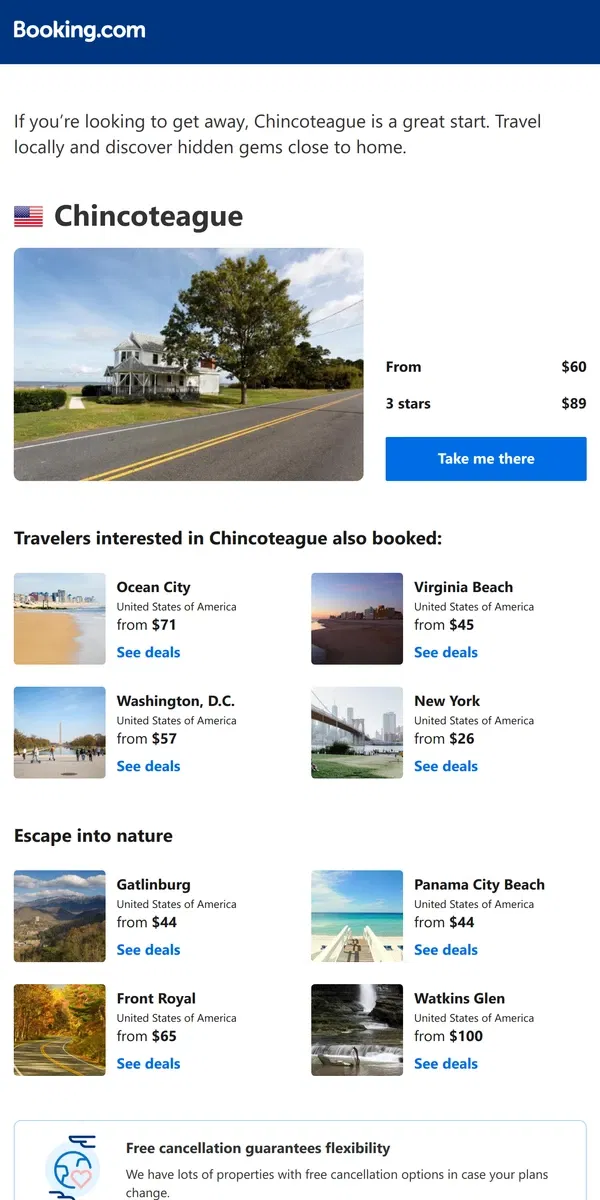 Email from Booking.com. A stay in Chincoteague from $60 – now that's a good price!