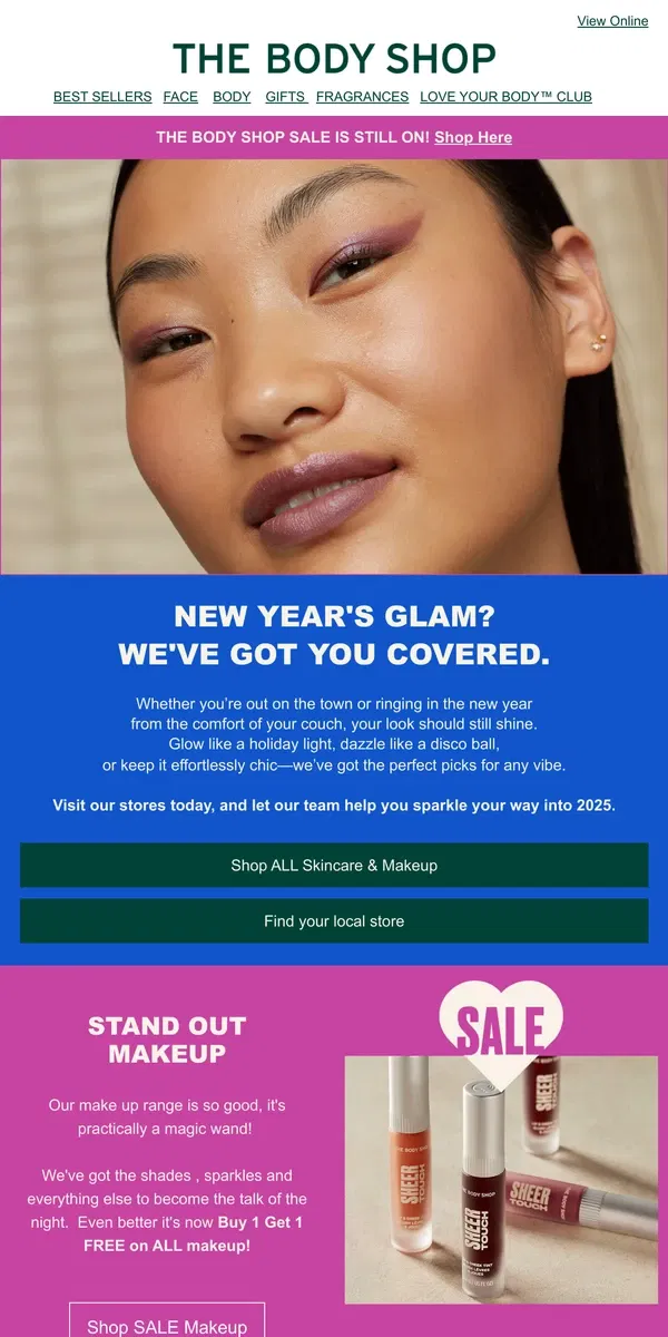 Email from The Body Shop. New Year's Eve calls for refreshed skincare and make up