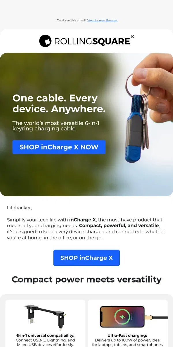 Email from Rolling Square. inCharge X: The ultimate charging cable