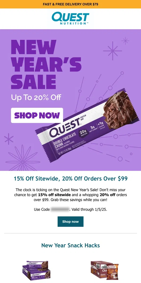 Email from Quest Nutrition. Final days of up to 20% off ⌛