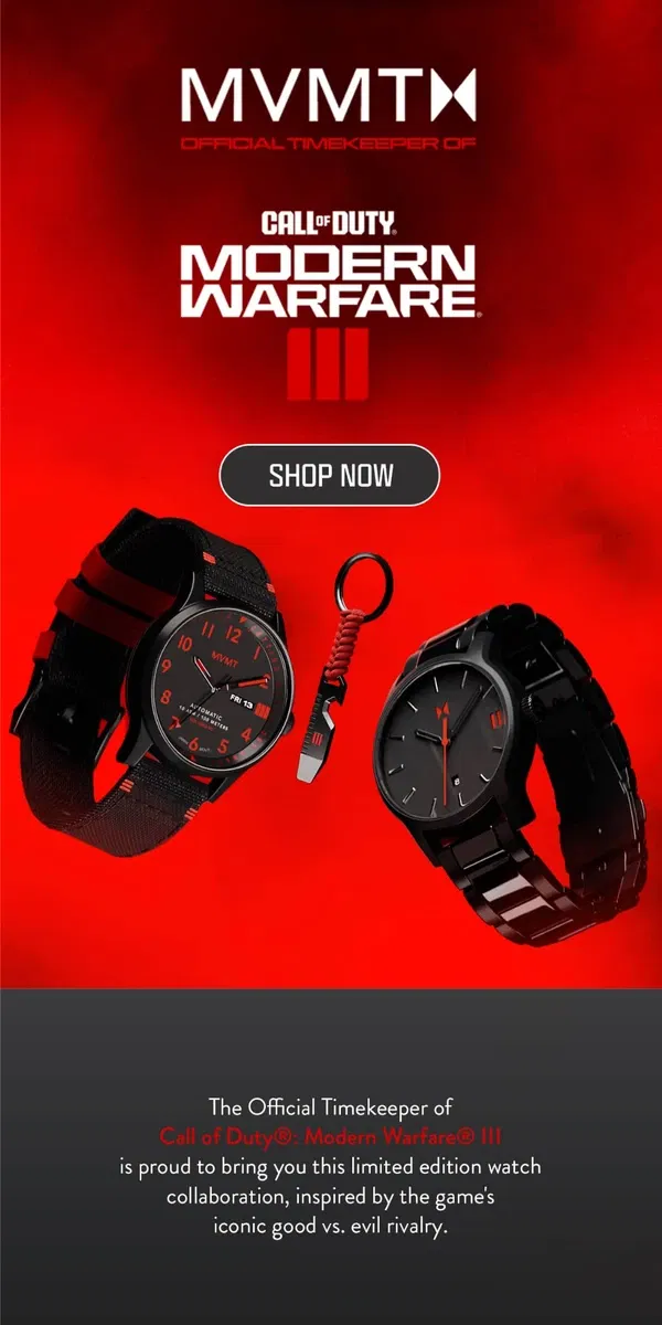 Email from MVMT. JUST DROPPED: Call of Duty: MWIII Limited Edition Watches