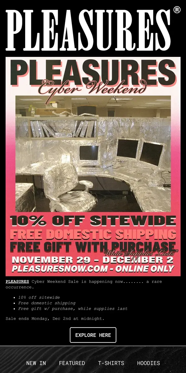 Email from PLEASURES. PLEASURES Cyber Weekend Sale - Happening Now!!