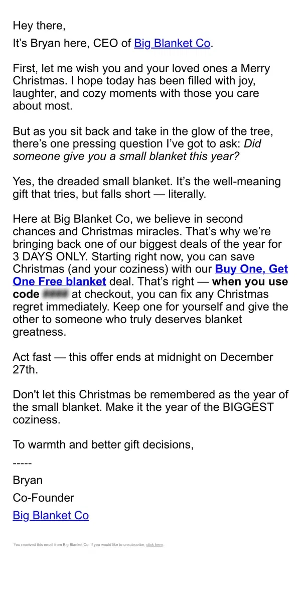 Email from Big Blanket Co. BOGO IS BACK (Merry Christmas!)