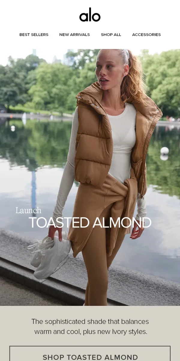 Email from Alo Yoga. NEW DROP: Toasted Almond