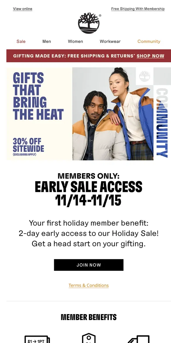 Email from Timberland. Get Extra Holiday Early Access with Community Membership.