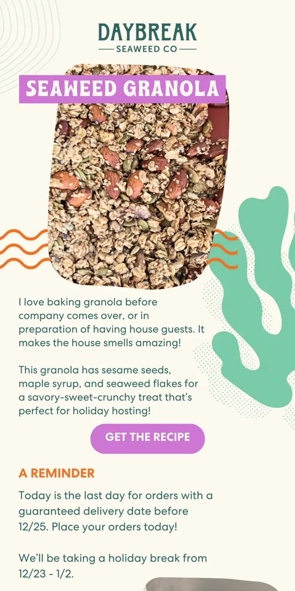 Email from Daybreak Seaweed. seaweed granola for hosting