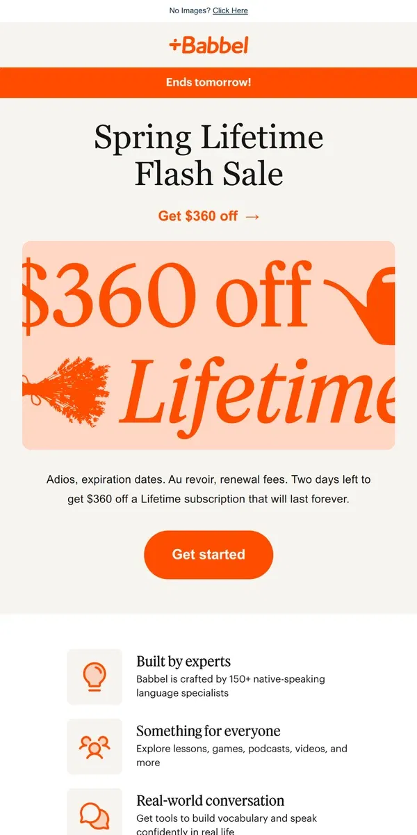 Email from Babbel. Pay once. Get access for life.