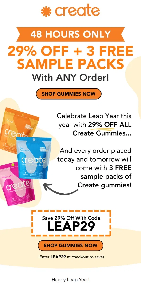 Email from Create Wellness. 29% Off + 3 Free Sample Packs 🤯