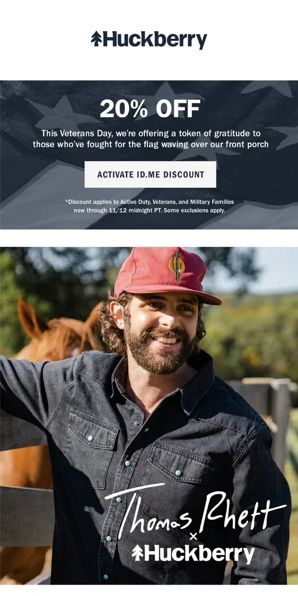 Email from Huckberry. Mic Drop: Thomas Rhett’s American Made Capsule Is Here