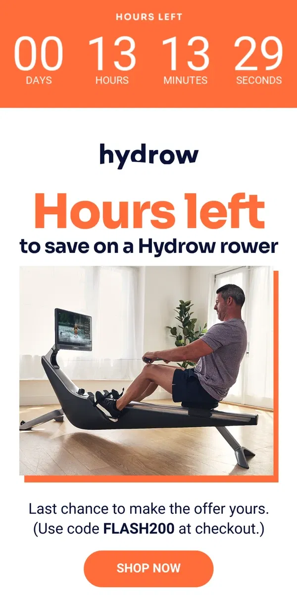 Email from Hydrow. Sale’s ending in a flash (!)