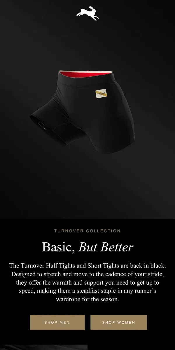 Email from Tracksmith. Turnover Essentials: Half Tights & Short Tights