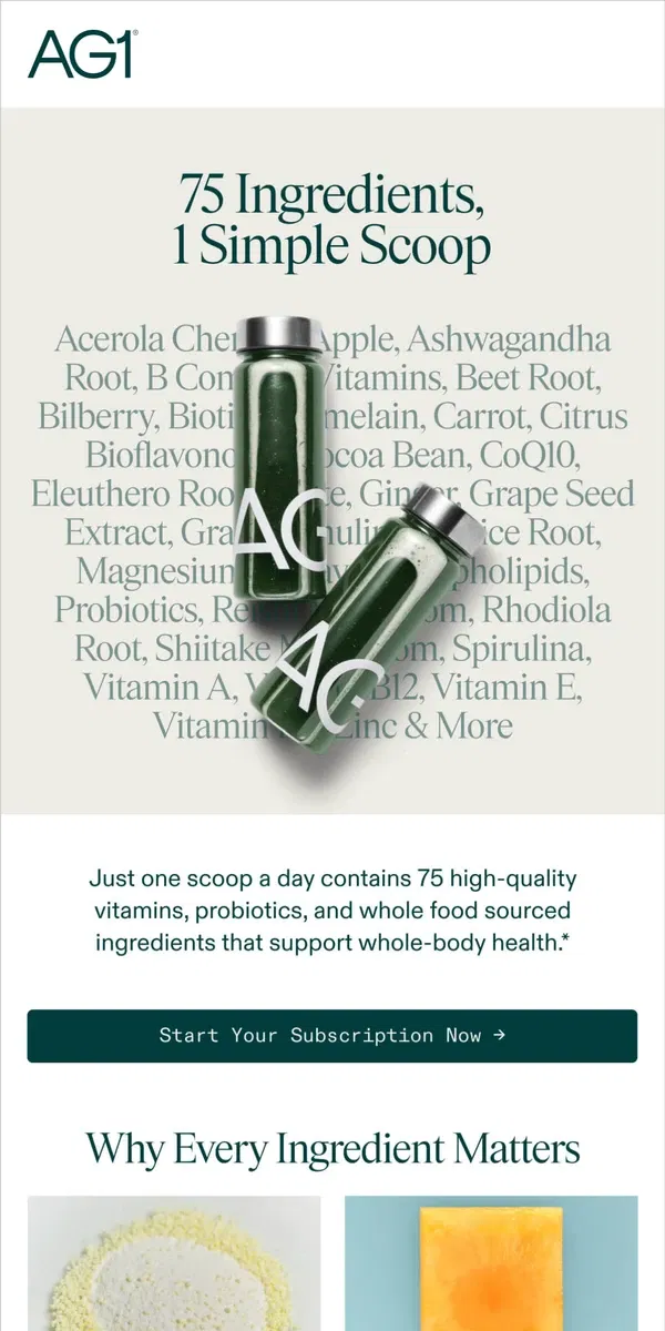 Email from AG1 by Athletic Greens. One Scoop for a Healthier You!