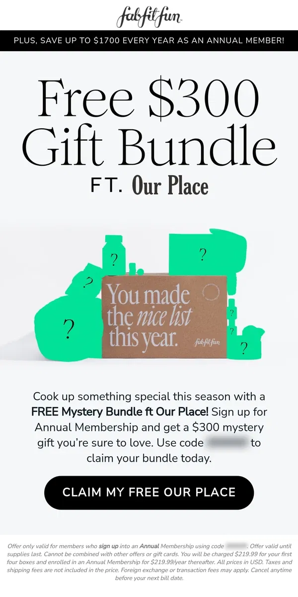 Email from FabFitFun. Get a FREE Mystery Bundle ft. Our Place!