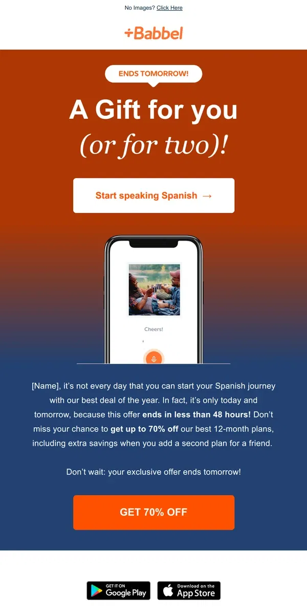 Email from Babbel. Your 70% OFF a 1-year subscription ends soon.