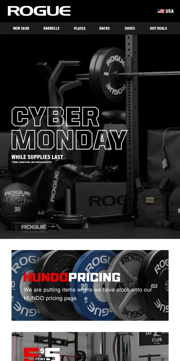 Email from Rogue Fitness. Cyber Monday Starts Now!