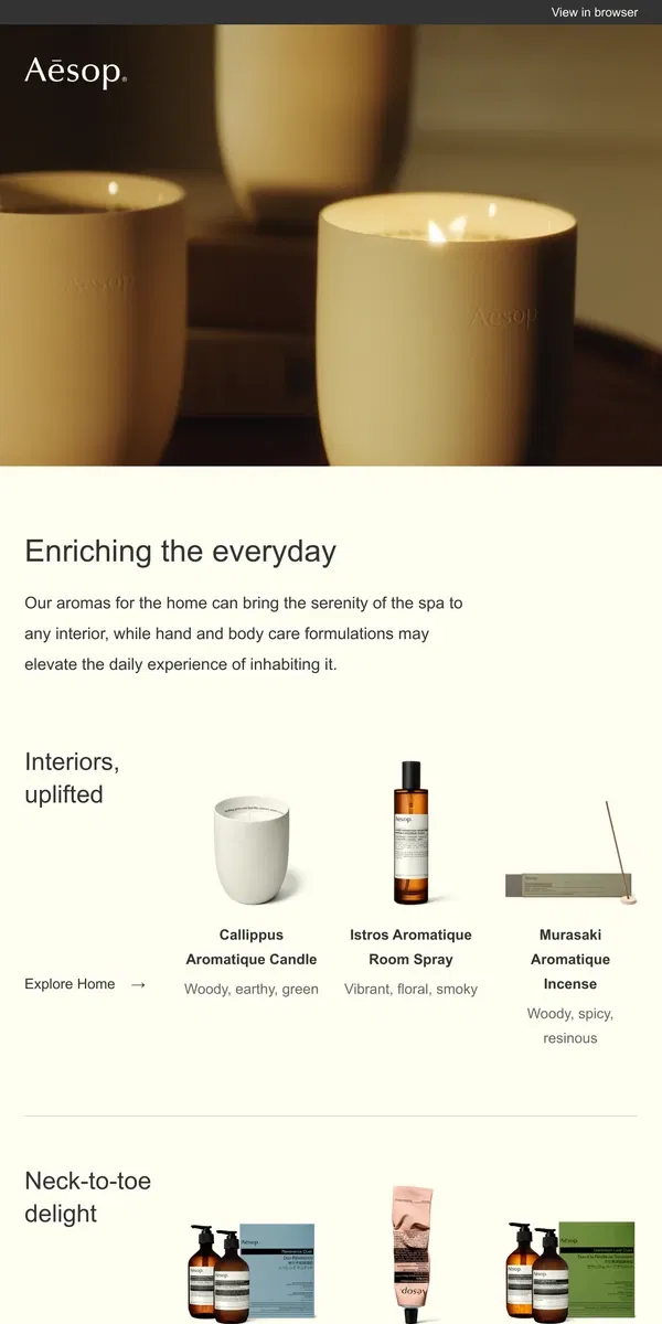 Email from Aesop. Aromatic selections for the body and home