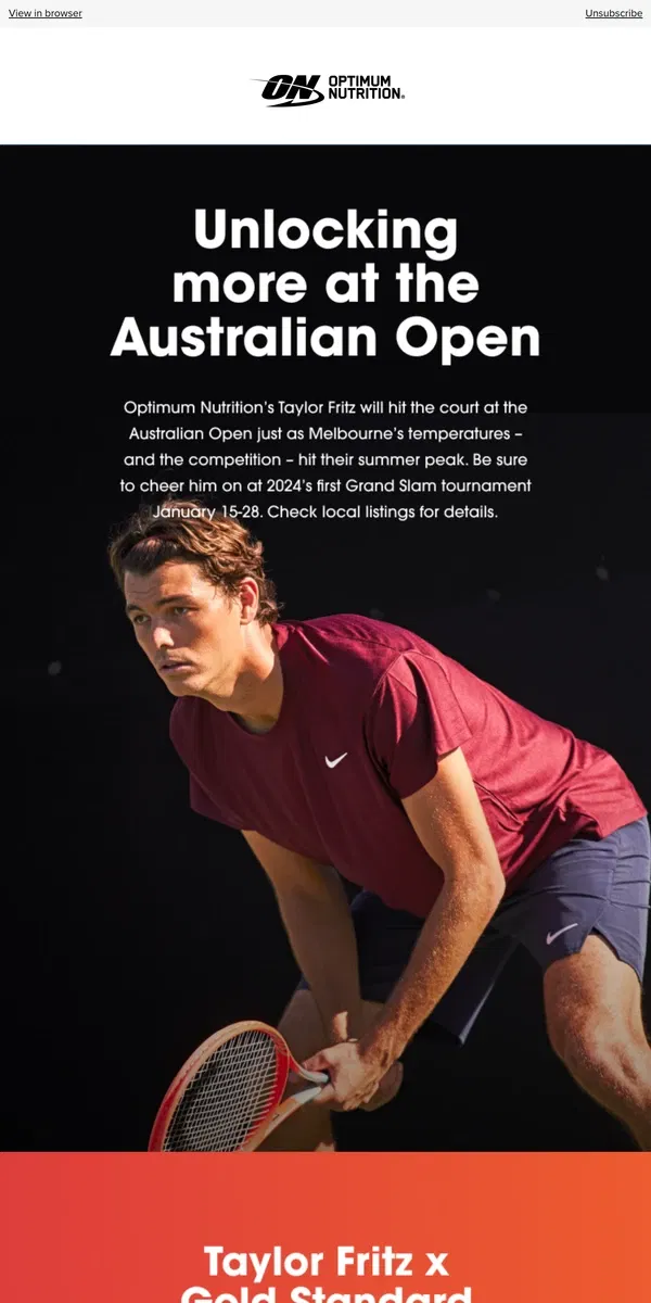 Email from Optimum Nutrition. Taylor Fritz at the Australian Open