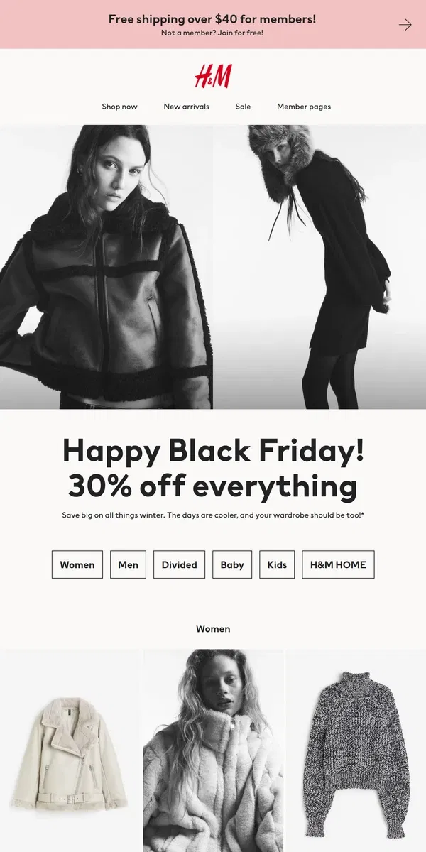 Email from H&M. 30% off sitewide to get winter ready!