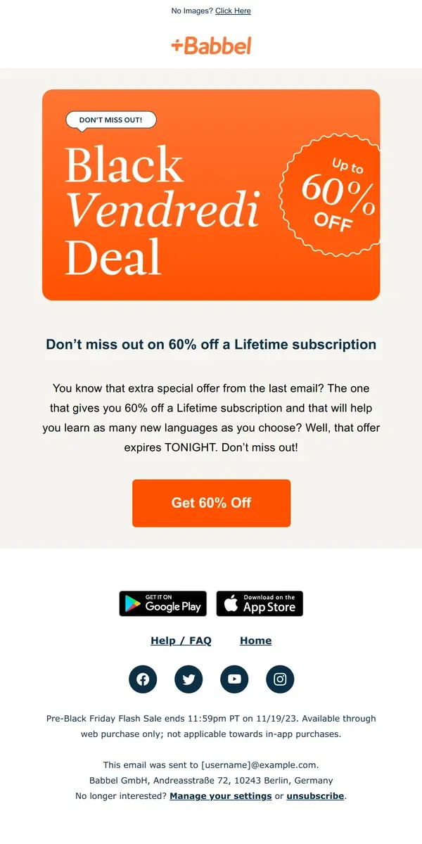 Email from Babbel. One payment. Lifetime access. 60% off.