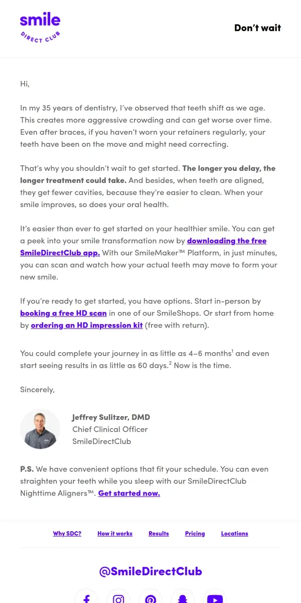 Email from SmileDirectClub. Your teeth shift as you age.