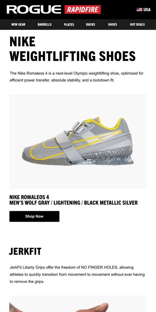 Email from Rogue Fitness. Just Launched: Nike Romaleos 4, Theragun Sense, JerkFit Liberty Grips & More!