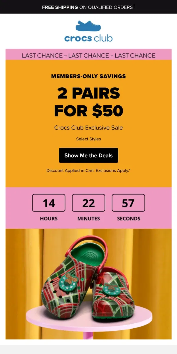 Email from Crocs. ⏰ 2 pairs for $50 ends soon!