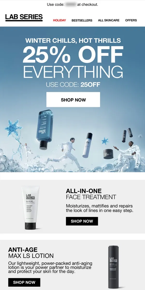 Email from Lab Series. Holiday cheers and 25% Off!