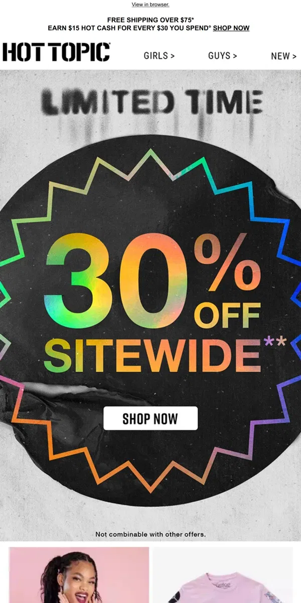 Email from Hot Topic. 30% Off for a Tuesday Treat 🍬