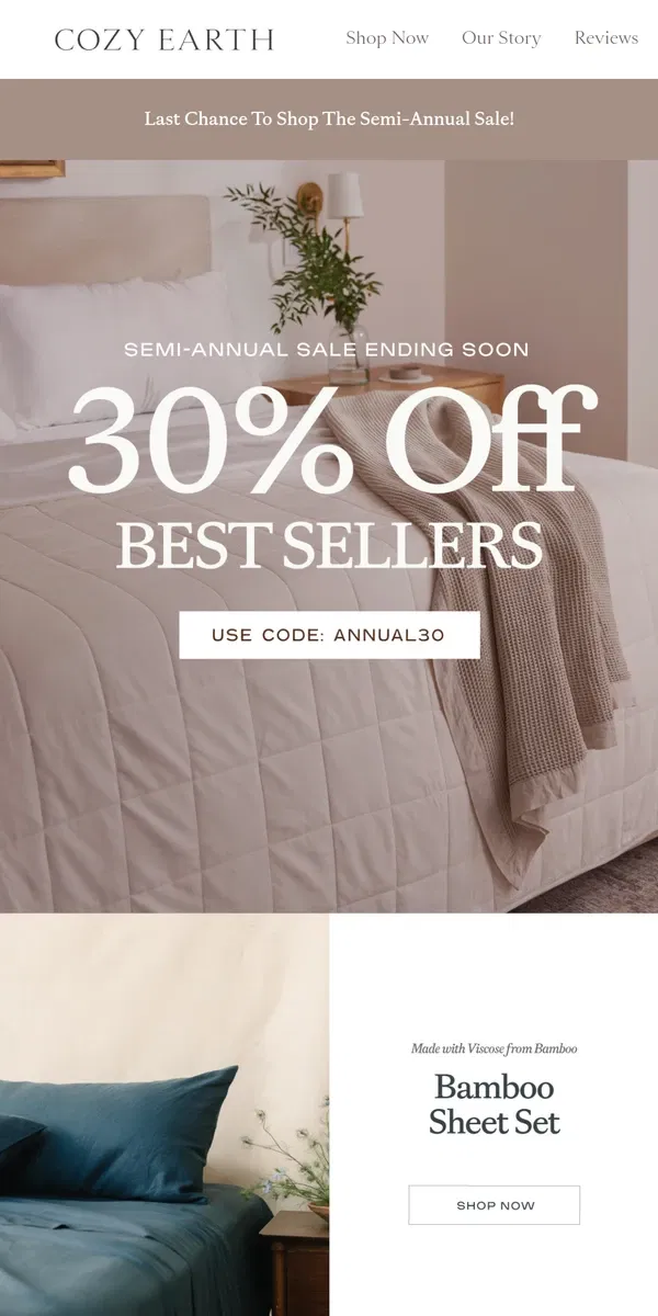 Email from Cozy Earth. Semi-Annual Sale Ending SOON