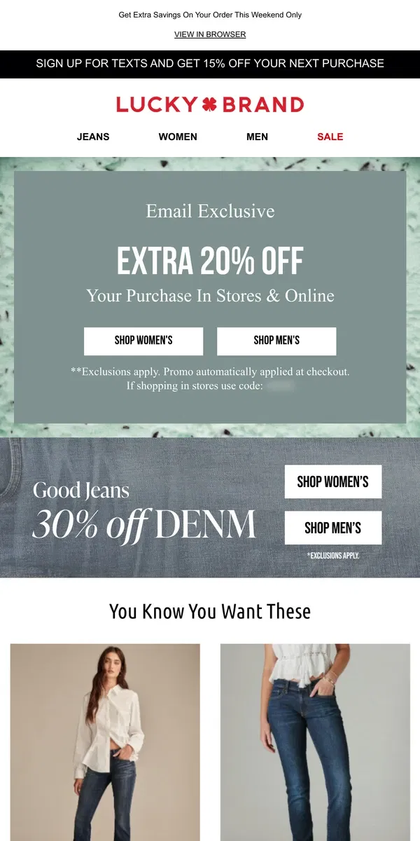 Email from Lucky Brand. Don't Miss 30% Off Denim + EXTRA 20% OFF