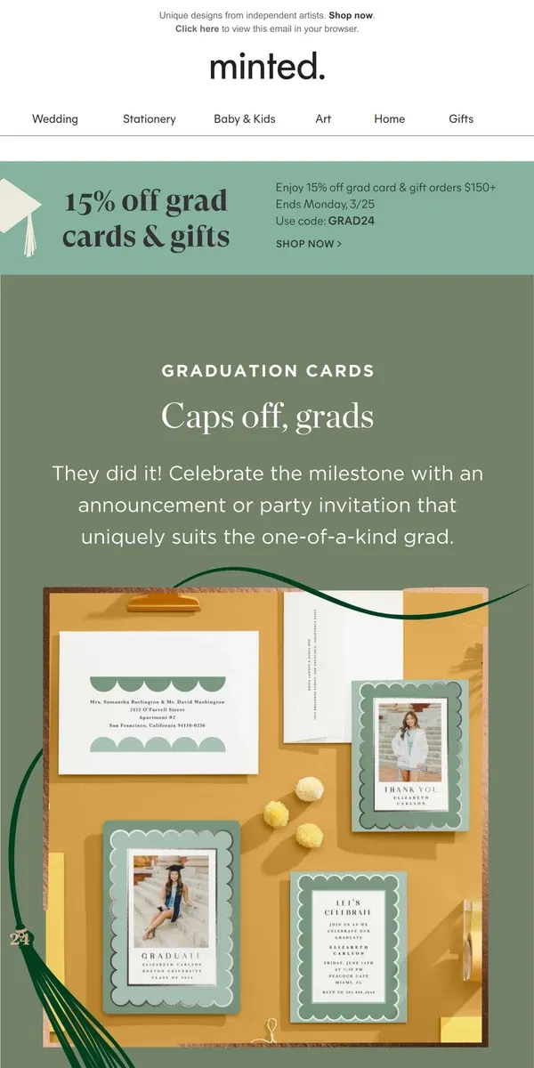 Email from Minted. Ready, set, celebrate the grad