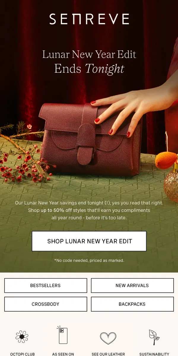 Email from Senreve. Final Hours! Lunar New Year Savings