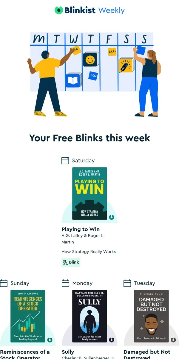 Email from Blinkist. The Summary: Your free reads this week