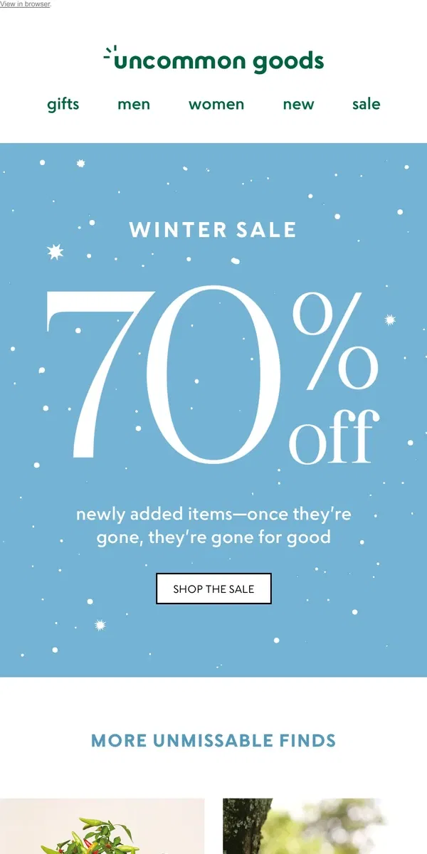 Email from Uncommon Goods. Winter sale: up to 70% off